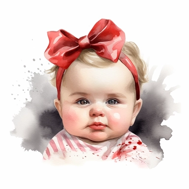 watercolour style cute newborn chubby size baby girl curled up frowning her eyebrows dribbling from mouth a red bow on head fine details Christmas dress wide background png plain background clipart