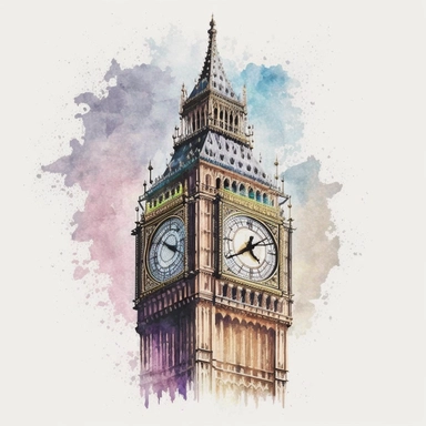 watercolor big ben clock clipart, white background