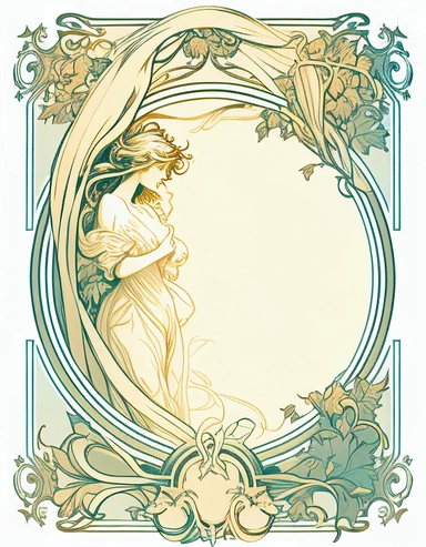 blank space in the center, narrow stationary border and corner around it, lots of room in the center for text, Romantic, Vintage, Art Nouveau, Soft Pastels, Graceful, Ornate, Timeless, in the style of Alphonse Mucha, clean edges, solid background, clipart, isolated