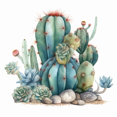 Watercolored pencil style illustration, a desert cactus with natural boho decorations, green blue beige grey, isolated on a white background, PNG file clipart style, Dennis Wojtkiewicz, Amanda Clark, Lowell Herrero,