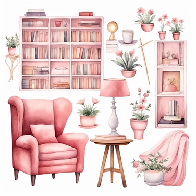 Watercolor Cozy Reading Corner Clipart Bundle, light pink and white, Accent pieces, Lamp, Curtains, Plants, Cushions Book Nook PNG Files, Floral Book Nook clipart, book clipart, reading clipart, commercial use