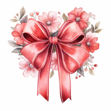 Generate clipart of a watercolor-style gift bow, little flowers around, in pastel red light tones, high detail, 8k, white background, clipart