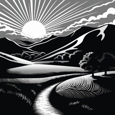 California hills, Orcutt, vector graphic design, clip art design, stylistic vector design, black and white, a reimagined coors banquet design, low details, heavy shadow, contrast, clean, crisp, retro, 2 tone