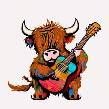 beautiful abstract of a highland cow, playing guitar colourful oil style, no background, black outline, cartoon style, vector illustrations, clipart style