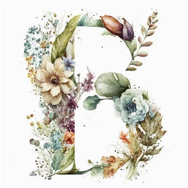 Watercolor botanical flower letter B, clipart, colorful, white background