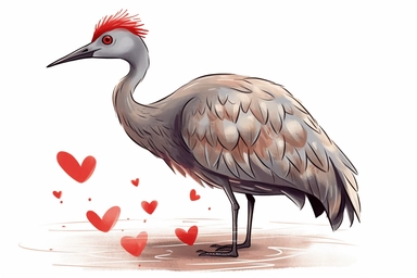 Cute Sandhill crane in valentine Day clipart, cartoon, white background,