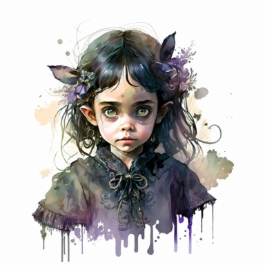 boho little girl, big eyes, maleficent , pose, very detailed and realistic, watercolor, white background with margins, clipart style,
