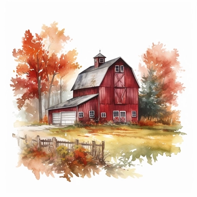 vector watercolor red barn in autumn clipart on white background, photorealistic, ultrarealisticno background, on white