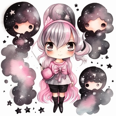 watercolor funny create kawaii marbled black ,silver, pink chibi school spirit clipart, isolated on white background,space out--ar3:2--s1000