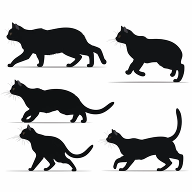collection black cat in profile, running, clipart, white background