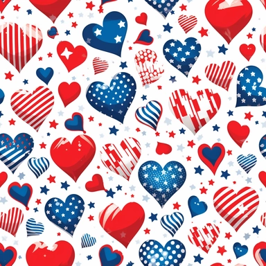 Cartoonish 4th of July celebrations, Cartoon American Flag, hearts, vector, white background, clipart,Seamless patterns, repeating patterns design, flat illustration, Vector, 4K, Art station, digital print, highly detailed clean, A detailed illustration a field,3D vector art, cute and quirky, fantasy art, watercolor effect, bokeh, Adobe Illustrator, hand-drawn, digital painting, low-poly, soft lighting, bird's-eye view, isometric style, retro aesthetic, focused on the character, 4K resolution,ve