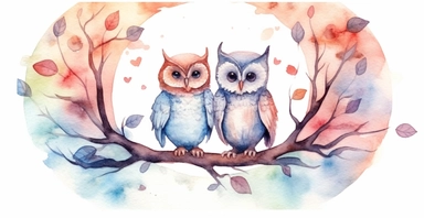 Adorable owl couple sitting on the tree, hearts around them, muted pastel colors, ornamental watercolour clipart, I can't believe how beautiful this is