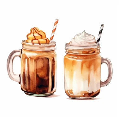 watercolor clipart set of 2 illustration of hot chocolate with caramel in glass with straw , white background