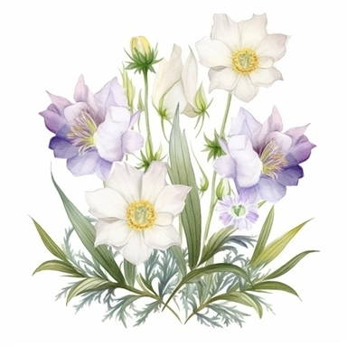 Edelweiss and Eustoma Ensemble Watercolor Art, Beautiful Realistic Clipart, Vibrant Colors, Creative Artistic, Emotional, Detailed, Isolated white background
