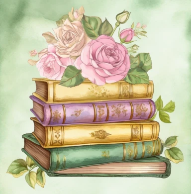 stacked books digital art, watercolor hand drawn clip art, coloured pencil, clip art, clipart, watercolor, clipart,, in the style of intricate, delicate flower and garden paintings, classical motifs and themes, light magenta and light green, embossed gold leaf, ferrania p30, adventure themed, english major