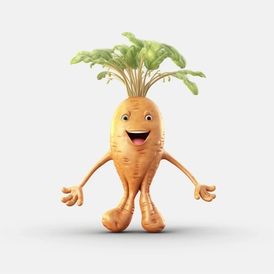 Prompt: front view of an animated ginger root vegetable, eyes, lips, mouth, ears, two arms, two hands, two short legs, two feet, body of a ginger root, face of a ginger root, full body, clipart, full Illustration, 4k, style fairy tales. Octane rendering, 3d. Negative Prompt: human, animal, girl, boy, deformed body, extra hands, 2 heads, 2 faces, gross, disgusting, extra body parts.