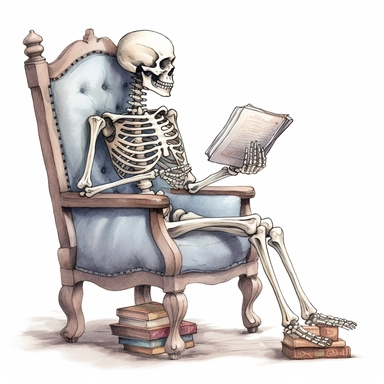 Skeleton reading a book, sitting on a chair, cartoon, illustration, comic, cute, white background style by Lucy Fleming, watercolor, smooth gradients, black contour outline, ultra detailed, clipart elements, delicate pastel colors, solid white background, super clear, high quality