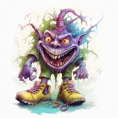 HAPPYCORE detailed illustration of a whimsical magical TROLL creature in a creepy, eerie style with a sense of FUN IN A SPOOKY WAY, featuring large shoes, large eyes, and a big grin, watercolor and ink,clip art, cartoon, 8k, ar 9:8