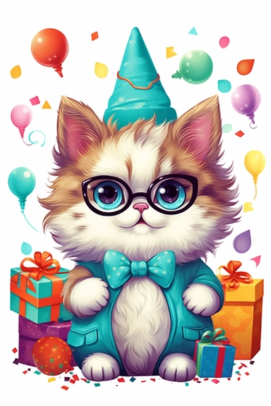 happy birthday party clipart for card print, cute ragdoll kitten with glasses illustration, hallmark 1950s style png vector isolated on white background