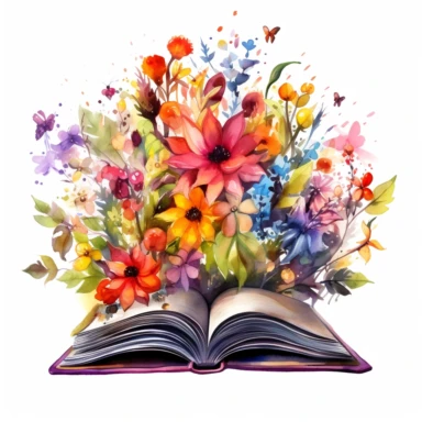 a detailed watercolor clipart showcasing a floral open book, where each page unfolds to reveal a kaleidoscope of blooming flowers, offering endless inspiration, Transport yourself to a world of floral abundance and creativity, white background
