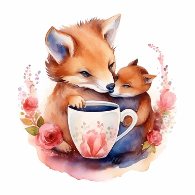 cute adorable drawn circular design watercolor illustration with mom animal and her kid drinking tea together on the white background, adorable, cutem sweet, clipart, highly detailed