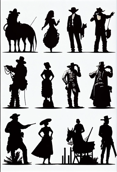 silhouettes of people. Wild west. Far West. Outlaws, cowboys, drunkards, gamblers, gunfighters. Bizarre, whimsical, random, victorian, theatrical, funny. Black and white clipart collection, white background