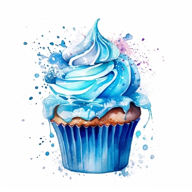 blue cupcake. splashes and sparkles. white background. clipart. watercolour
