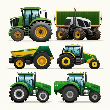 vibrant agricultural vehicles, each front profile view, detailed vector illustration, clipart, svg, white background