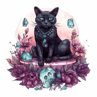 hand drawn black cat, sitting with front paw resting on a skull, flowers and crystals, shades of burgundy purple and teal, romantic and edgy, very detailed and realistic, watercolor, clipart style