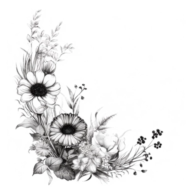 modern, minimalistic set of wildflowers in the shape of one giant L shape corner of the image frame, in the style of hand-drawing black and white on a clean white background, wedding clipart flowers
