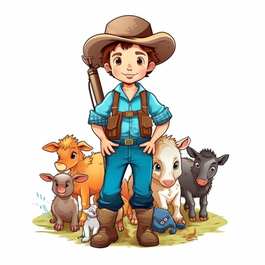 hd clipart, farmer, child farm animal theme, cartoon style, white background, fully detailed,