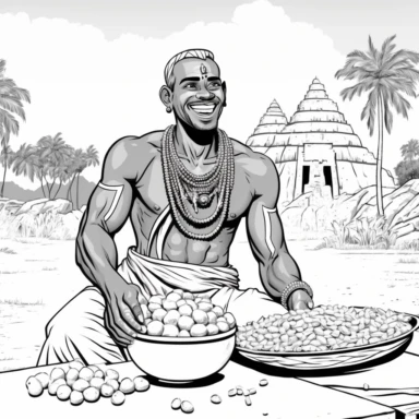 a tribal african man smiling and placing a large bowl of corn on the ground, village background dirt road floor, rural background, coral jewelry necklaces, coloring page for adults, no color, risp lines, coloring pages for adults, think lines,clipart, vector, full body, no shading, full body, realistic, 4k, detailed