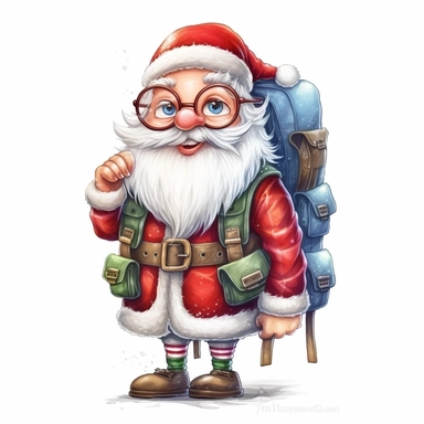 santa laugh and cute big eyes wear big glasses full body , backpack gift , cute funny laugh detailed digital art, whimsical and cute, cute detailed artwork, glimmering, adorable and whimsical, whimsical art, watercolor Clipart style