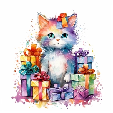 please create watercolor clipart of a cat, smiling, wearing party clothes with birthday presents, vibrant colors,intricate details, isolated on white background, vivid colors, hdr, 8k