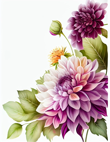 detailed watercolor purple dahlia flower corner border template , isolated on white background, realistic, clipart