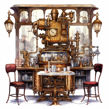 Boutique café designed in a steampunk style. Warm brass tones, mechanical details, and retro-futuristic signage. Classic Parisian tables and chairs, adorned with clockwork details. Watercolor Cafe Storefront Clipart, hyper-realistic, intricate detail, white background