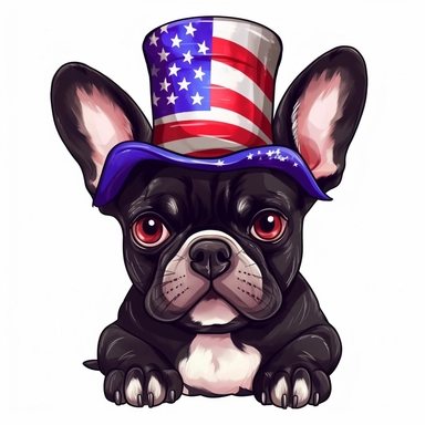 sticker, white background, black pround french bulldog with purple eyes, in style Independence Day in usa, hat with an american flag, clipart