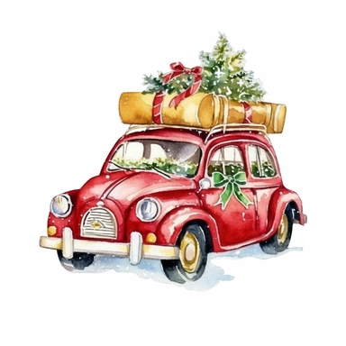 watercolor clipart of Christmas car, red green gold colors, isolated on white background