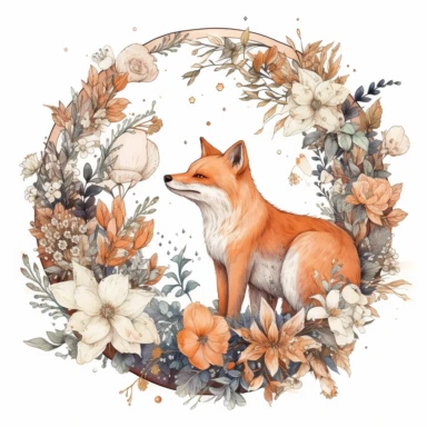 fox moon clip art october download, in the style of intricate, delicate flower and garden paintings, light white and orange, the stars art group (xing xing), dreamy watercolor florals, faux naïf, shaped canvas,white backgound
