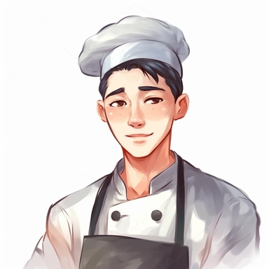 A chef wearing a chef's uniform and a chef's hat，The image of a 28 year old Chinese brother ，28 years old，Like Hu Ge，alittle less facial color ，bright，anime five senses watercolor clip art , comics , full illustration，soft ，clean, 4k , clear focus , watercolor , smooth soft skin , symmetry , soft lighting , detailed face , detailed eyes , pastel colors , watercolor style , child style The Fairy Tale , Conrad Roset , Agnes Cecil , watercolor
