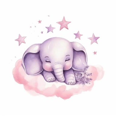 watercolor cute baby girl elephant sleeping on cloud with bowtie on head clipart, mauve pink, stars in background, on a white background