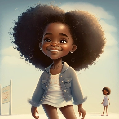 pixar illustration of Sag Harbor town , An illustration of five year old light skin happy black girl with curly afro, on the beach with african american grandparents in Sag harbor Sunset Beach, east hampton , summer vaction, beach town , summer days , muted tones , shy warm heart , pixar , hyper detailed , smooth skin realistic animated — Happy Black Girl Smiling art,black girlsclipart, Funny black girl , Cheerful african american girl child png, clipart, afro ,Full body with legs , Cottage core