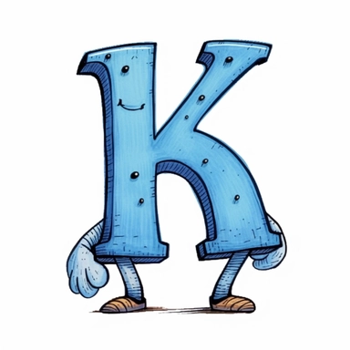 clipart style blue letter k with black line, with arms, legs and friendly cute face for children, isolated, white background,