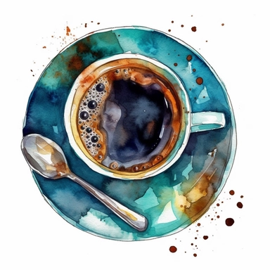 watercolor coffee cup with plate, top view, clipart, clear border, hd, on white background,--no watermark ,--ar 1:1