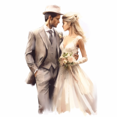 Wedding bride and groom, clipart, white background, in the style of elegant realism, muted and subtle tones, detailed painting, transparency and lightness