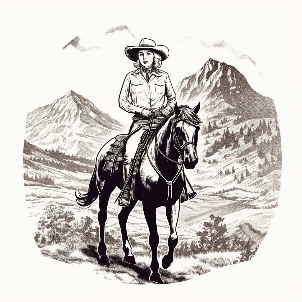 Draw a vintage cowgirl clip art illustration featuring a cowgirl