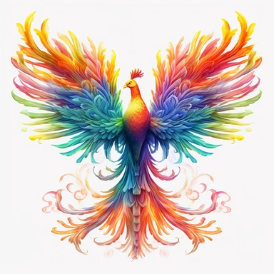 VERY COLORFULPHOENIX, wings fully extended, fully visible, no image cropping, clean borders, in flight, wings made out of simetrically colored FLAMES and a long ornate tail, colors resembling a Peacock, super clear, WATERCOLOR, Sublimation, PNG, Digital Clipart, 16K, hyper detailed, PLAIN WHITE BACKGROUND, PNG, AR 8:12 no background no clipping