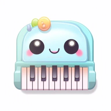 Cute clipart icon of musical keyboard, kawaii, anime style, in white background, soft color blending, rounded