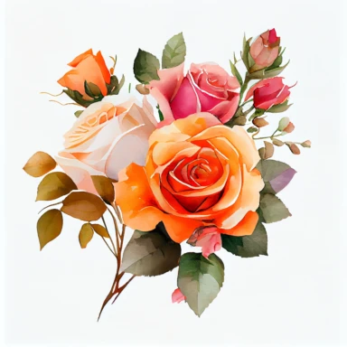 one bouquet arranged roses watercolor clipart, the colors are Apricot Orange and Bubblegum Pink arranged clipart, watercolor, 8k, white blank background