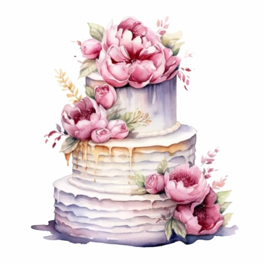 Hand drawn, watercolor, hyper realistic, white background, white margins, 16k, ultra detailed clipart, cut out image, hand-drawn, ultra HD, sharp and clean art, Wedding cake.